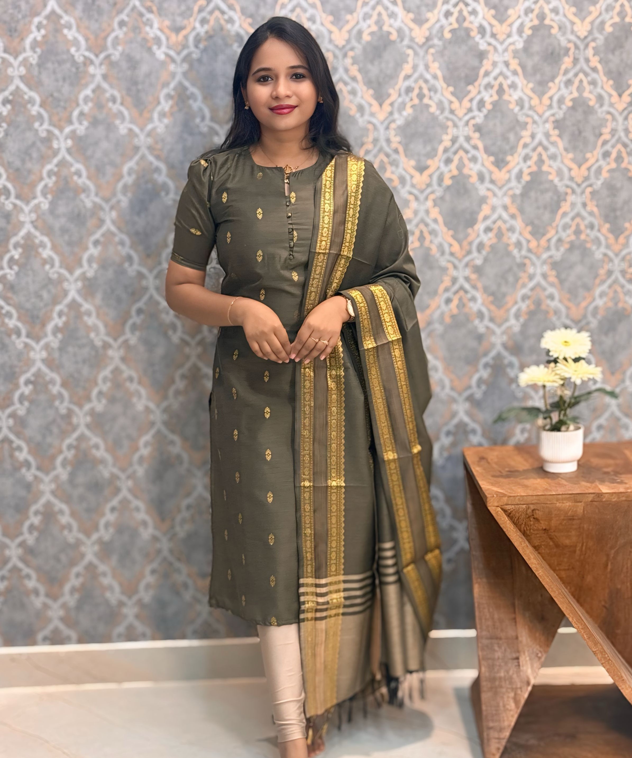 Olive Green Color Vintage Style Premium Raw Silk Kurti and Dupatta / LSS207