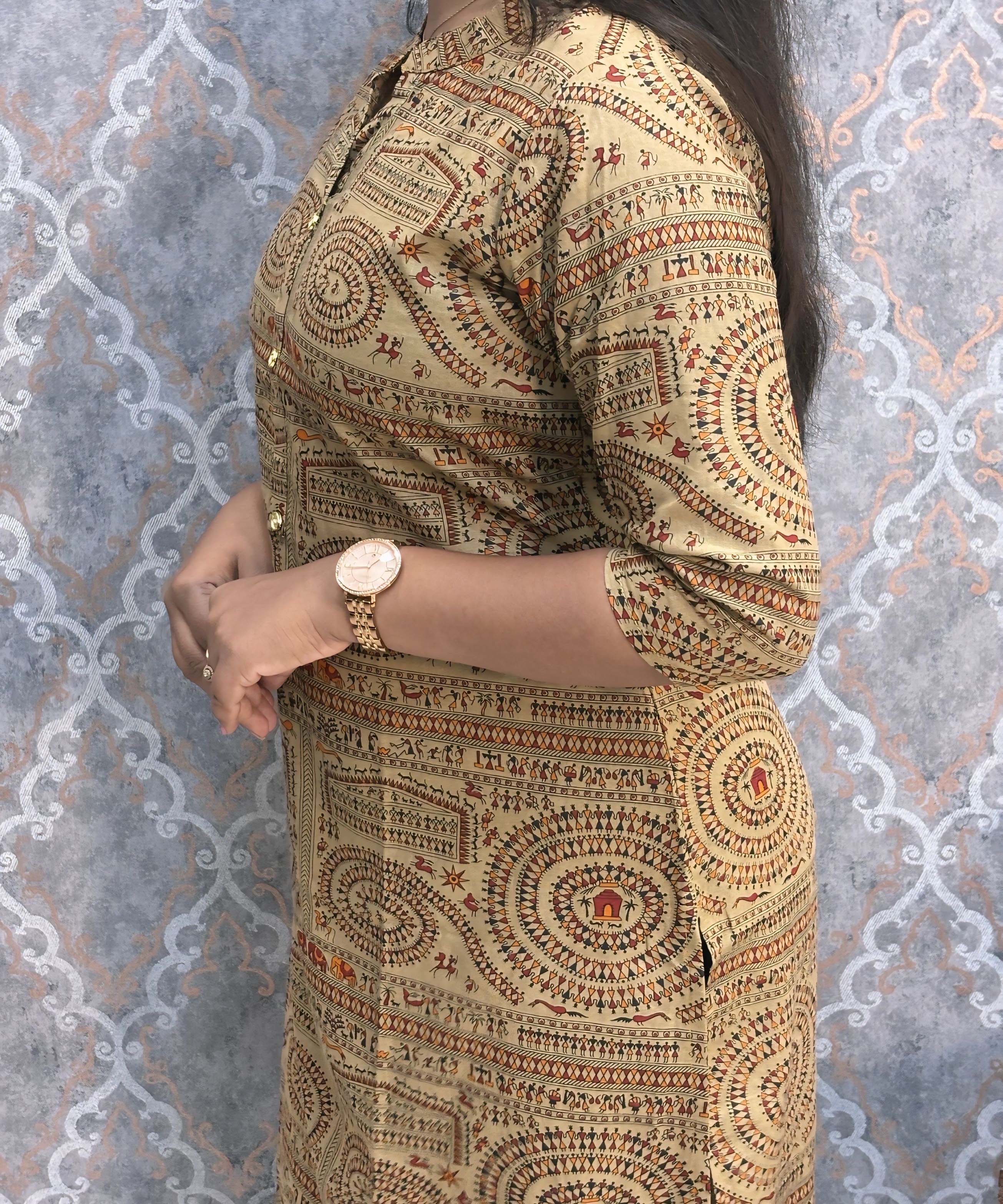 Chinese Collar with Design Warli Printed Flex Cotton Kurti  / LSS200