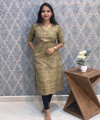 V Neck with Design Warli Printed Flex Cotton Kurti with Pocket / LSS200