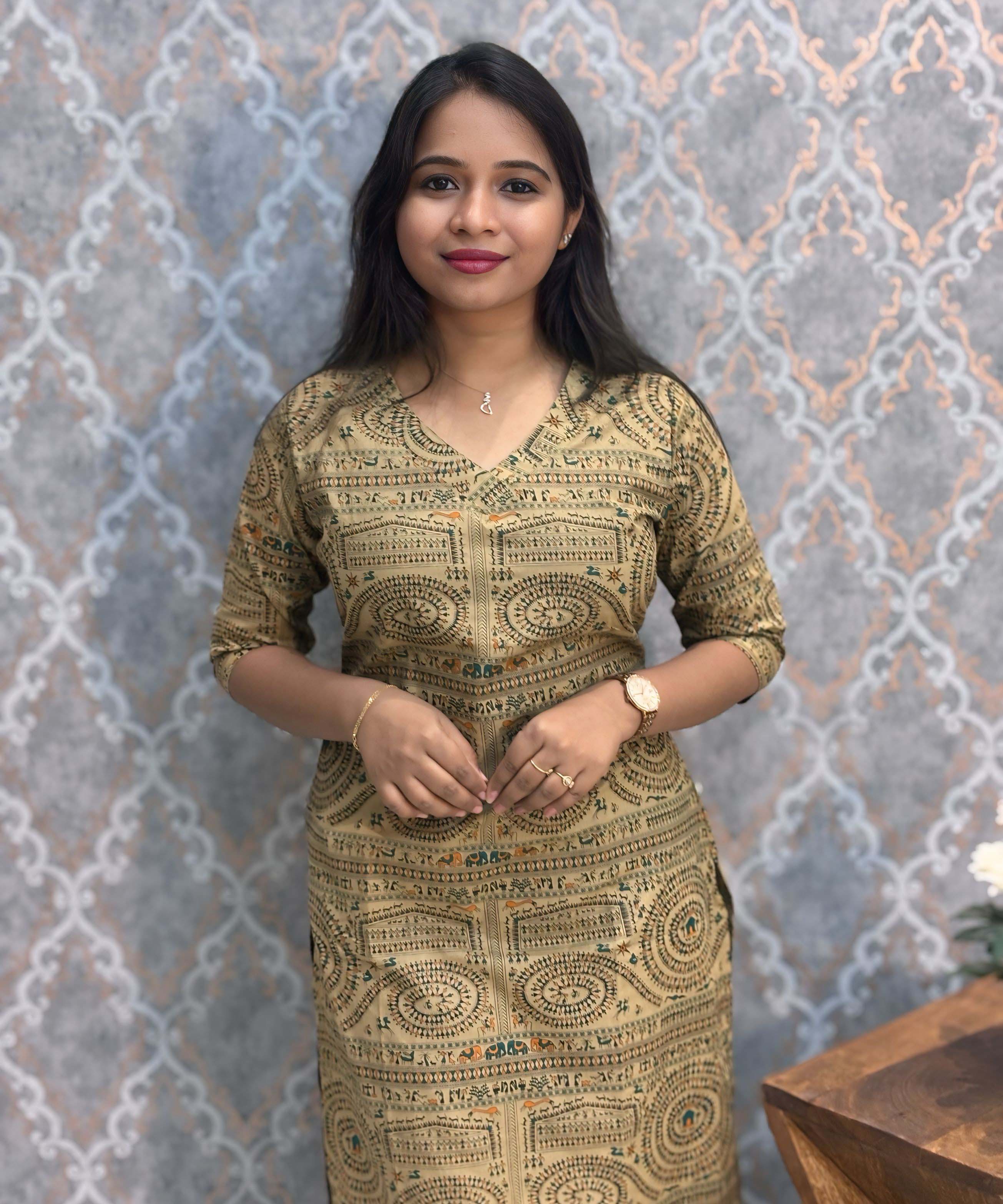 V Neck with Design Warli Printed Flex Cotton Kurti with Pocket / LSS200