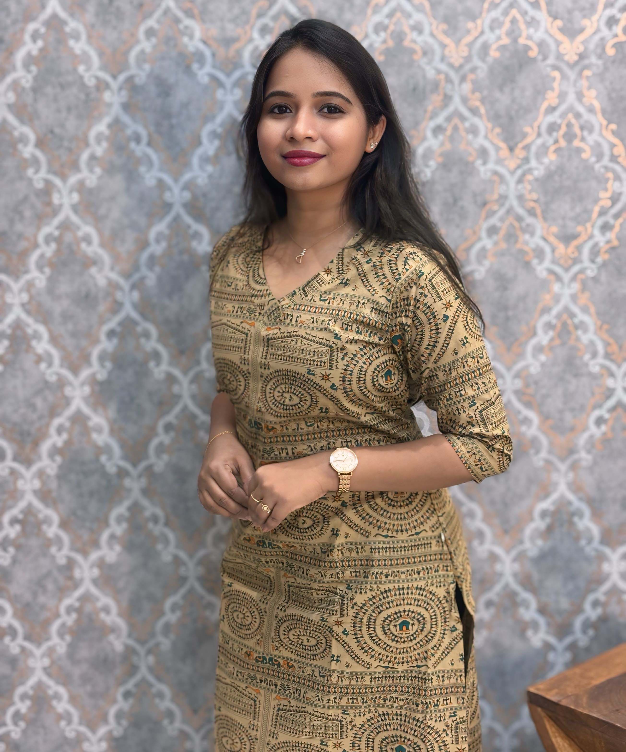 V Neck with Design Warli Printed Flex Cotton Kurti with Pocket / LSS200