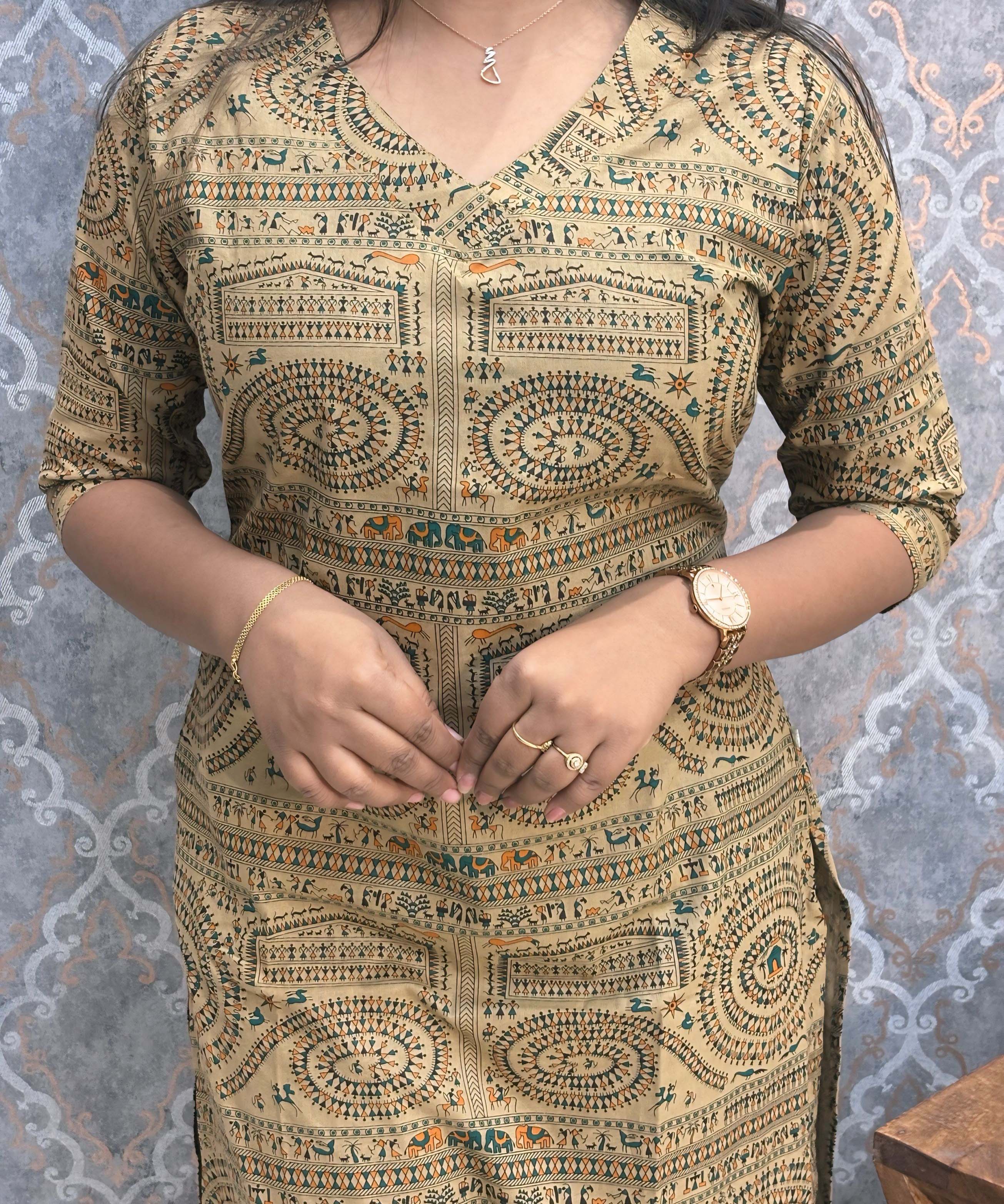 V Neck with Design Warli Printed Flex Cotton Kurti with Pocket / LSS200