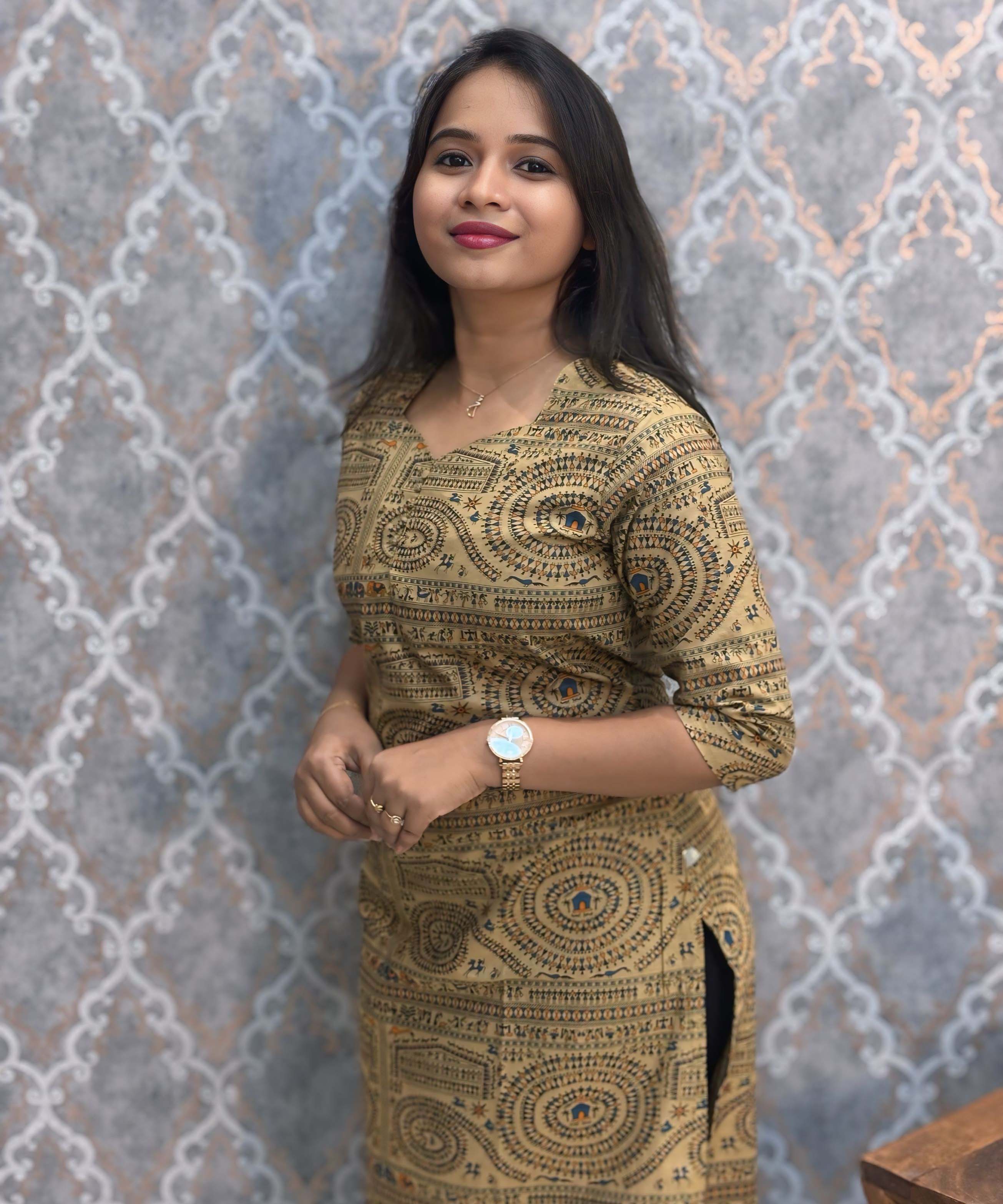 Sweet Heart Neck with Design Warli Printed Flex Cotton Kurti with Pocket / LSS200