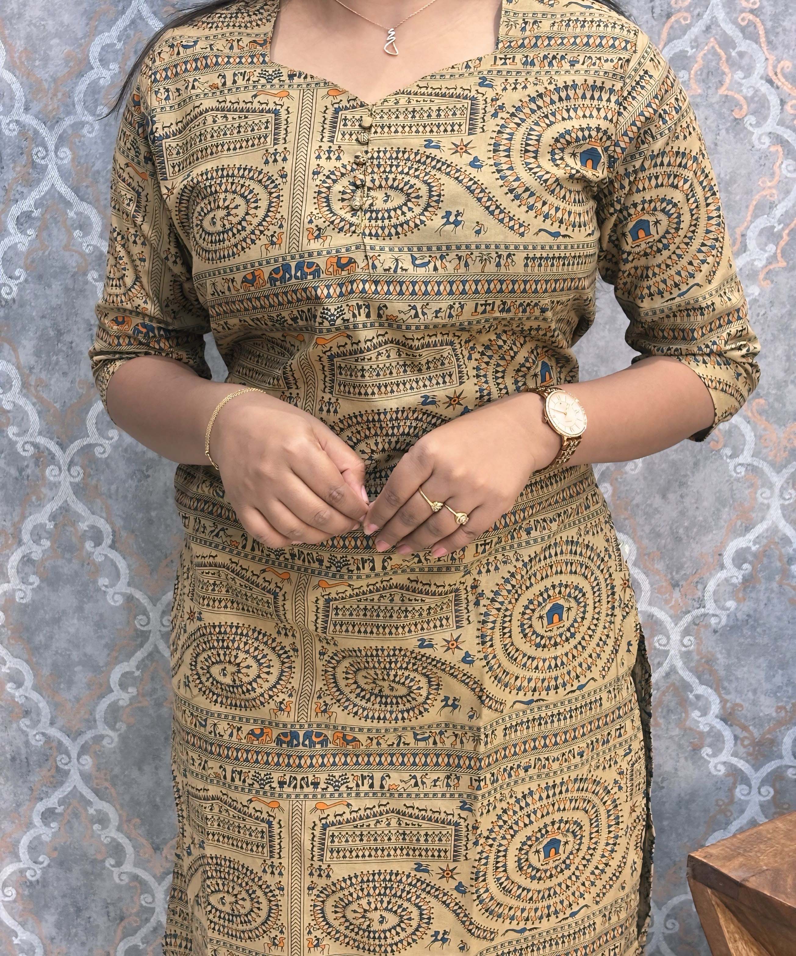 Sweet Heart Neck with Design Warli Printed Flex Cotton Kurti with Pocket / LSS200