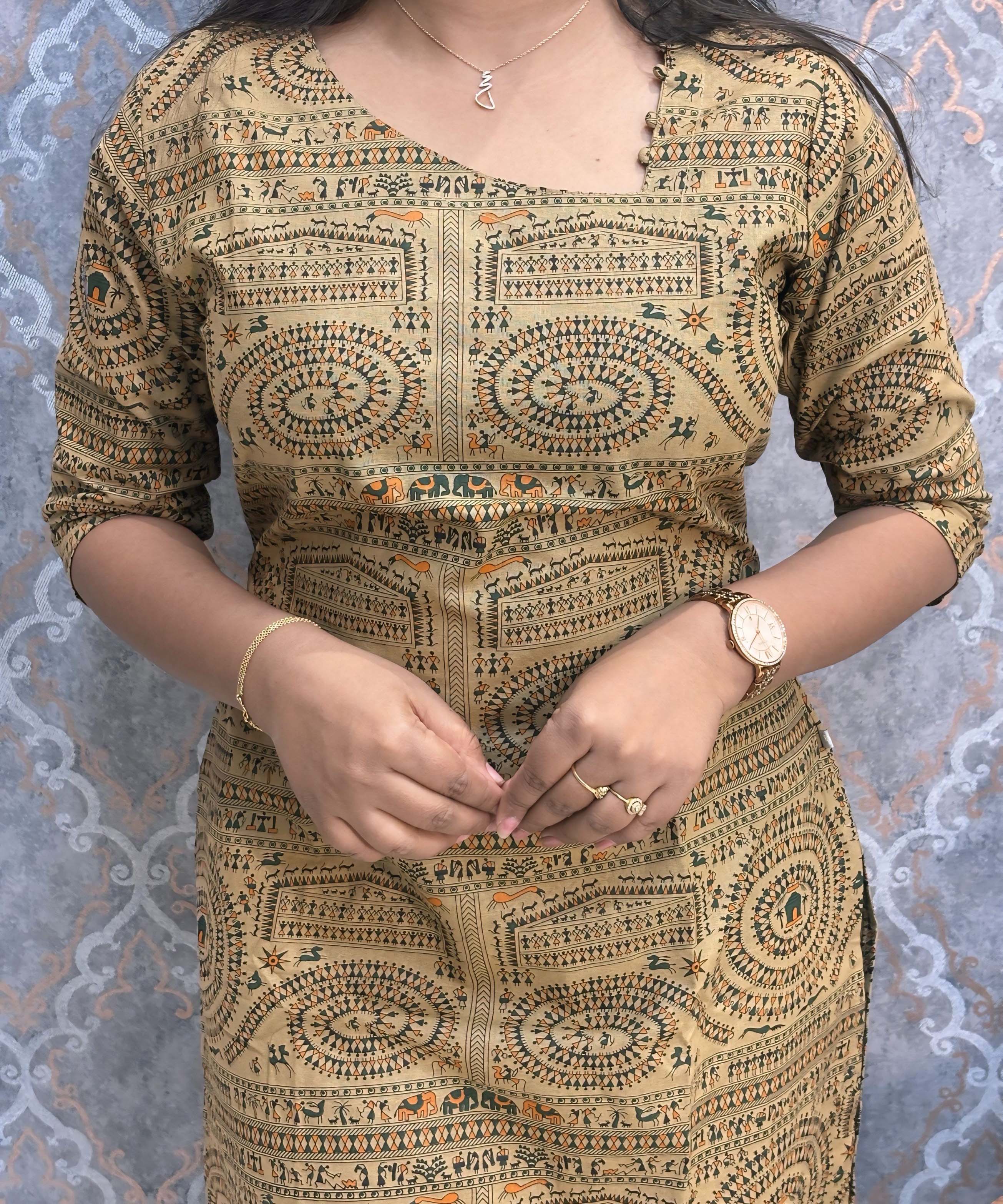 Side Cut with Potli Neck Design Warli Printed Flex Cotton Kurti with Pocket / LSS200