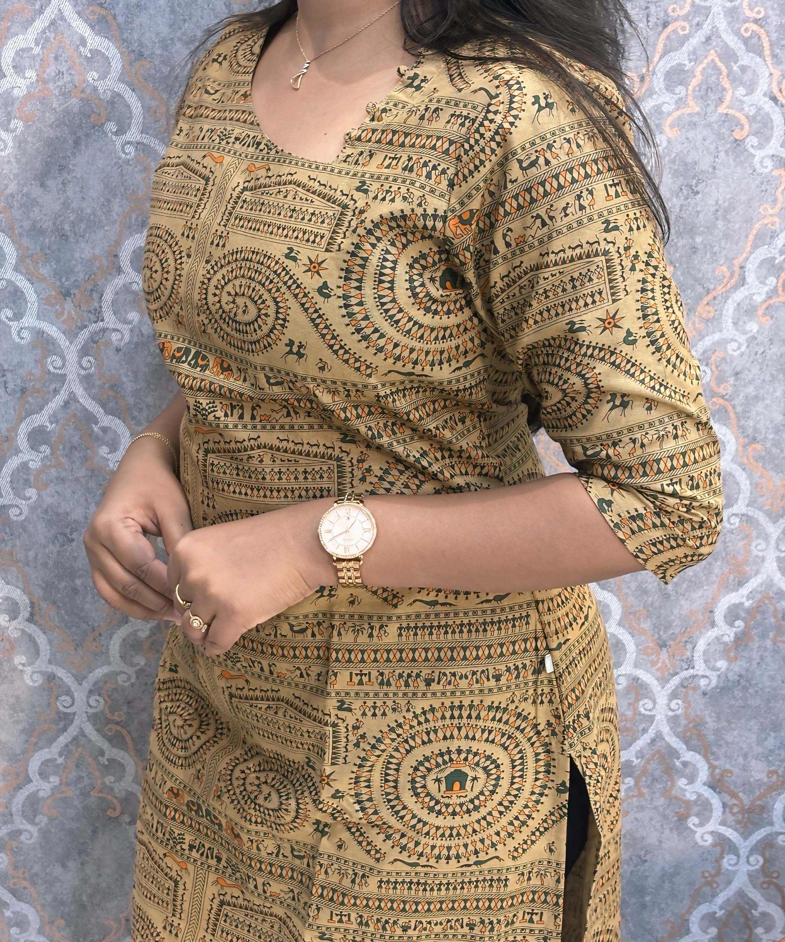 Side Cut with Potli Neck Design Warli Printed Flex Cotton Kurti with Pocket / LSS200