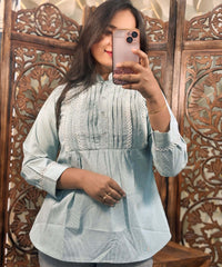 Half White and Sea Blue Color Western Short Top / WS006