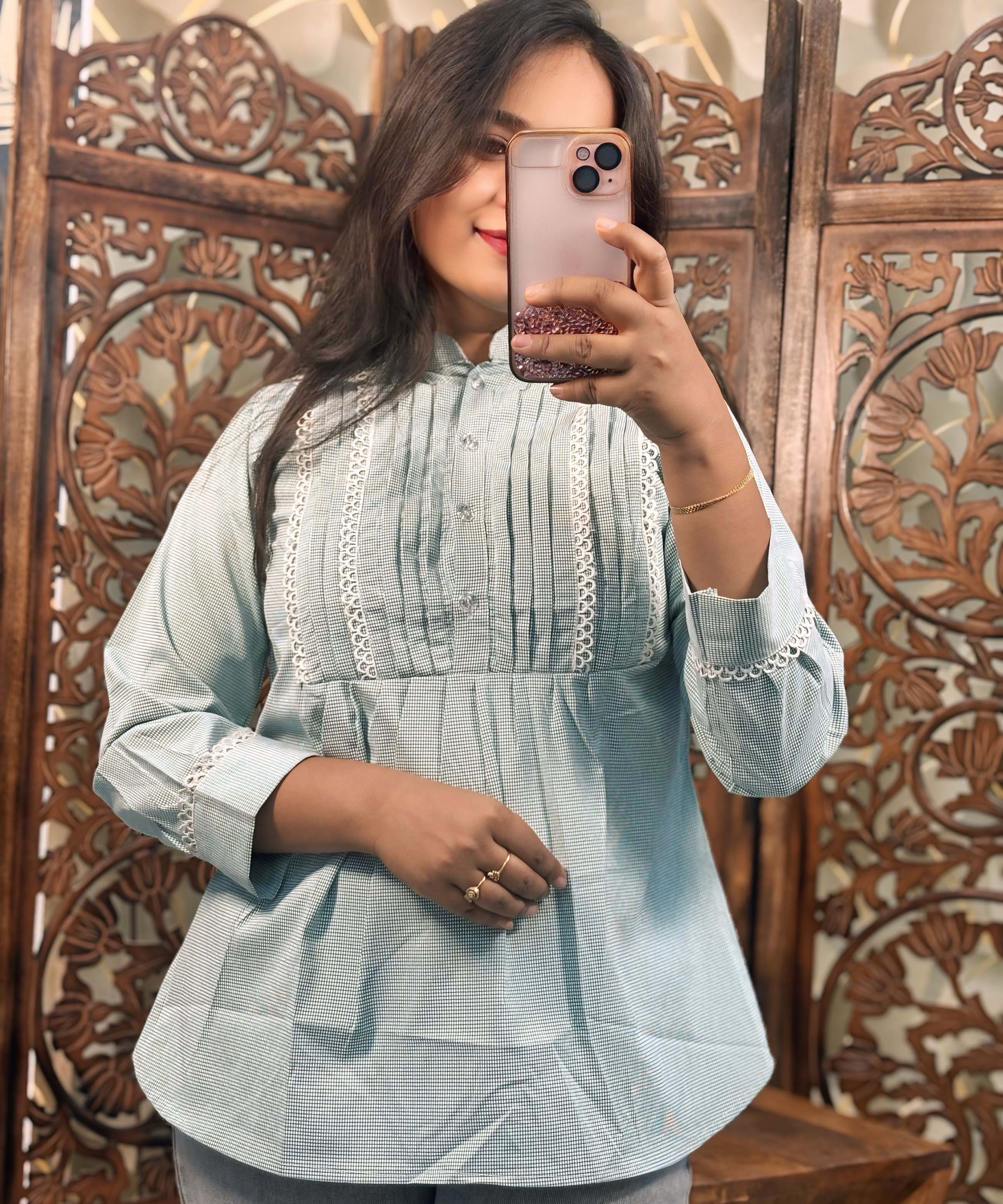 Half White and Sea Blue Color Western Short Top / WS006