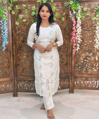 White Color Floral Embroidered Cotton Blend 3 Piece Salwar Set / ESS360