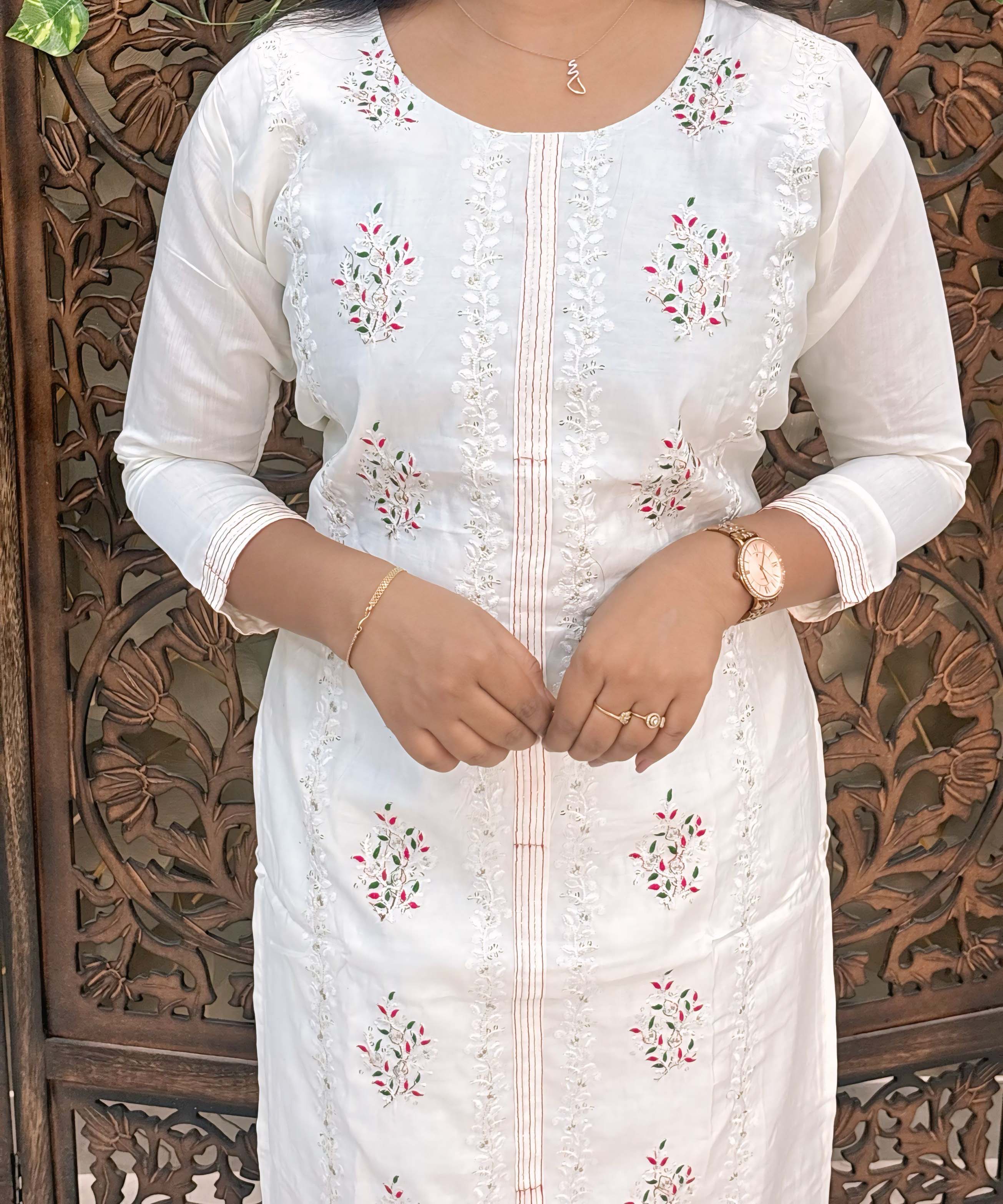 White Color Floral Embroidered Cotton Blend 3 Piece Salwar Set / ESS360
