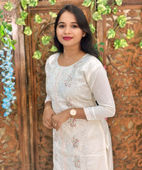 White Color Floral Embroidered Cotton Blend 3 Piece Salwar Set / ESS360