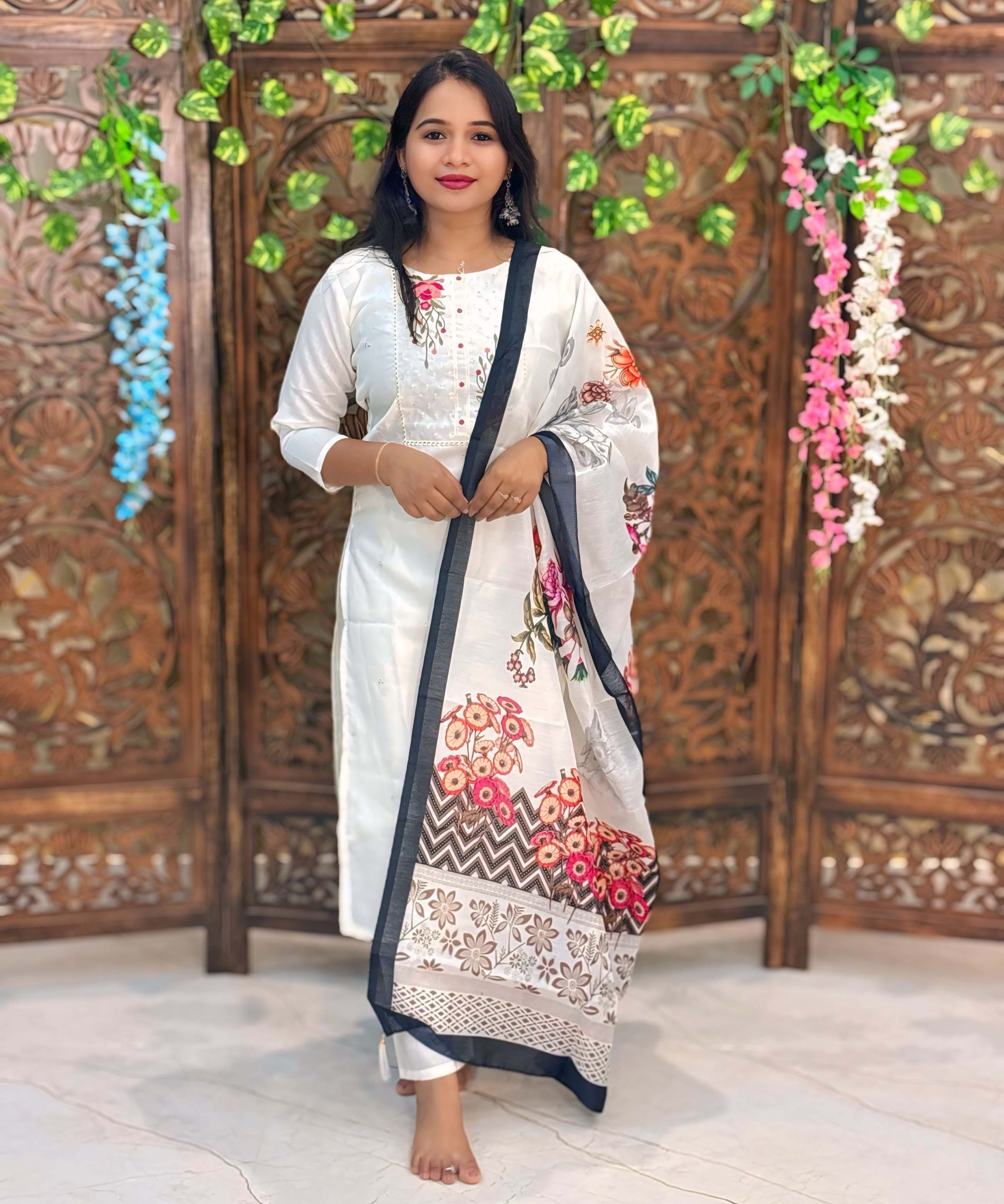 White and Black Color Cotton Salwar Set with Organza Dupatta 3 Piece Salwar Set / ESS348