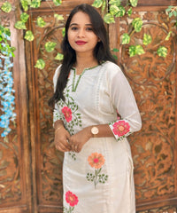 White and Multicolor Floral Embroidered Cotton Blend 3 Piece Salwar Set / ESS356