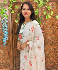 White and Multicolor Floral Embroidered Cotton Blend 3 Piece Salwar Set / ESS356