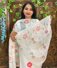 White and Multicolor Floral Embroidered Cotton Blend 3 Piece Salwar Set / ESS356