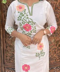 White and Multicolor Floral Embroidered Cotton Blend 3 Piece Salwar Set / ESS356