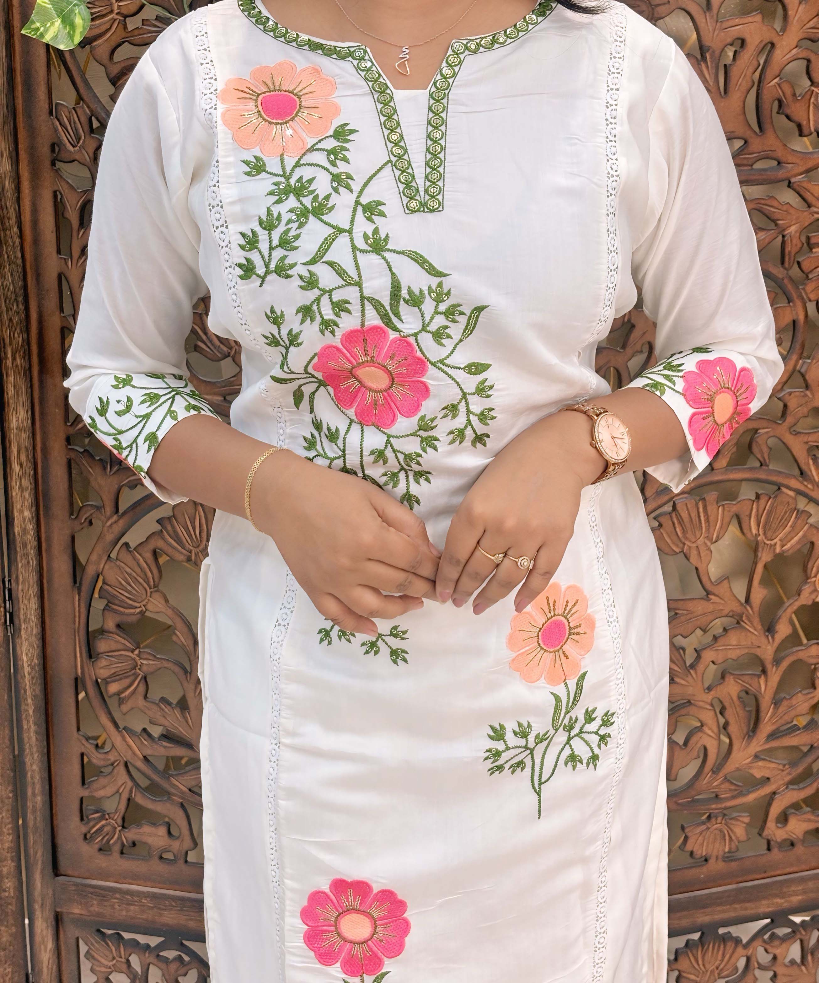 White and Multicolor Floral Embroidered Cotton Blend 3 Piece Salwar Set / ESS356