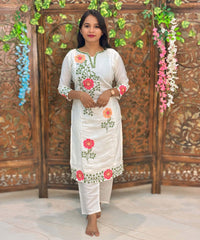 White and Multicolor Floral Embroidered Cotton Blend 3 Piece Salwar Set / ESS356