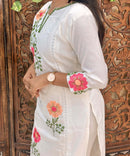 White and Multicolor Floral Embroidered Cotton Blend 3 Piece Salwar Set / ESS356