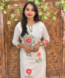 White and Multicolor Floral Embroidered Cotton Blend 3 Piece Salwar Set / ESS356