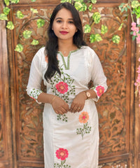 White and Multicolor Floral Embroidered Cotton Blend 3 Piece Salwar Set / ESS356