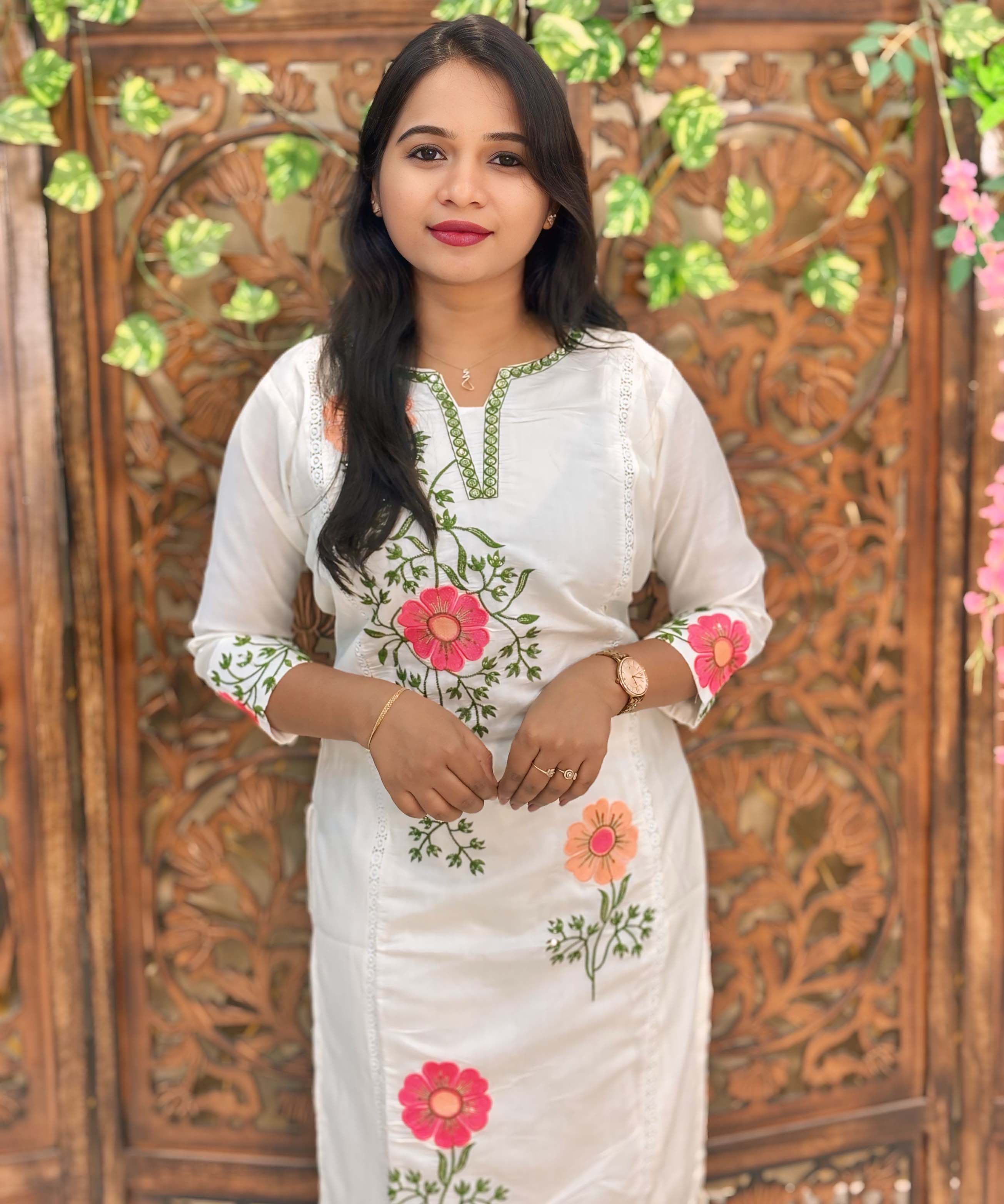 White and Multicolor Floral Embroidered Cotton Blend 3 Piece Salwar Set / ESS356