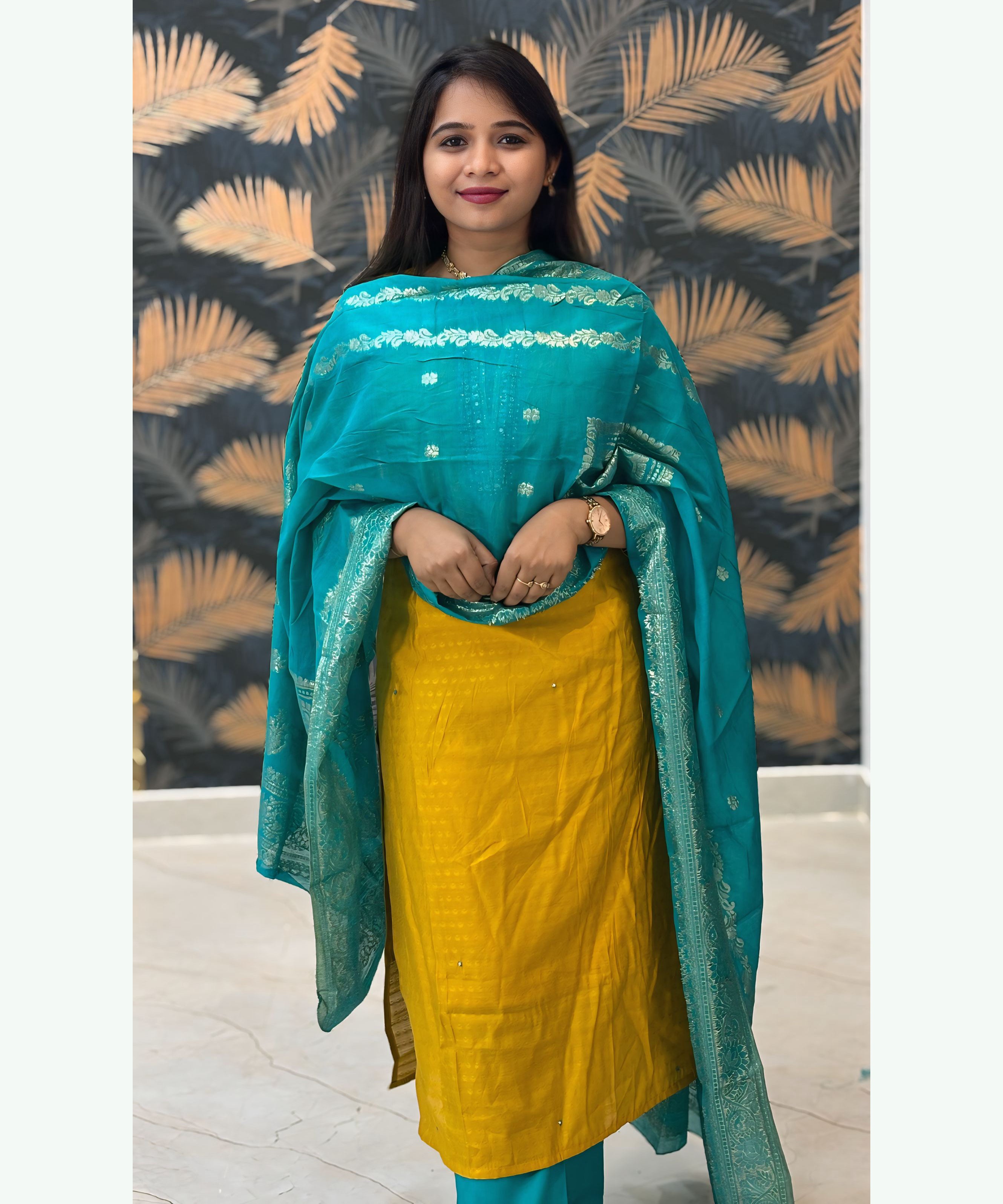 Yellow and Rama Green Premium Silk Cotton Handwork with Banarasi Dupatta 3 Piece Salwar Set / ESS283