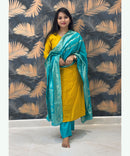 Yellow and Rama Green Premium Silk Cotton Handwork with Banarasi Dupatta 3 Piece Salwar Set / ESS283
