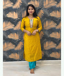 Yellow and Rama Green Premium Silk Cotton Handwork with Banarasi Dupatta 3 Piece Salwar Set / ESS283