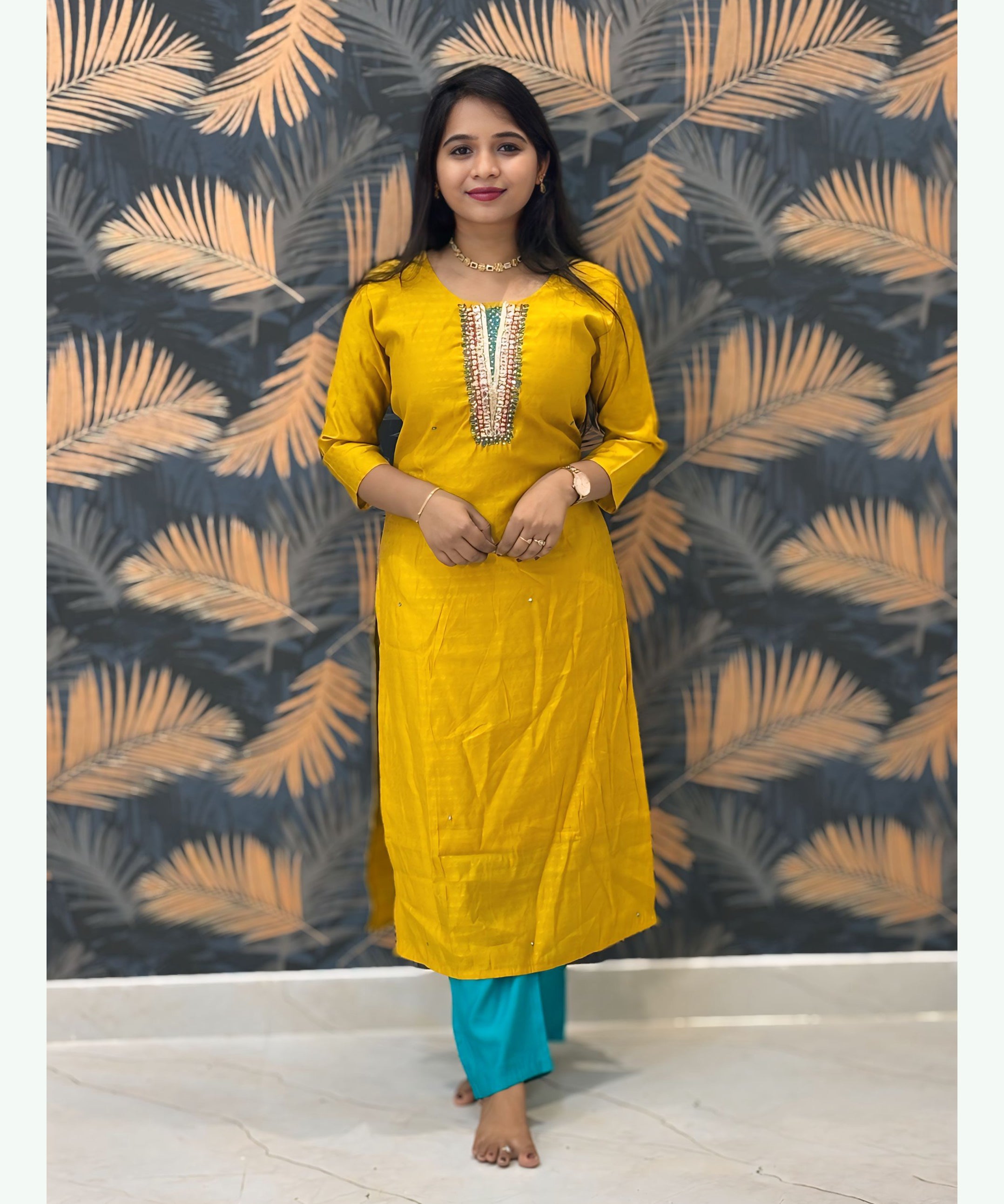 Yellow and Rama Green Premium Silk Cotton Handwork with Banarasi Dupatta 3 Piece Salwar Set / ESS283