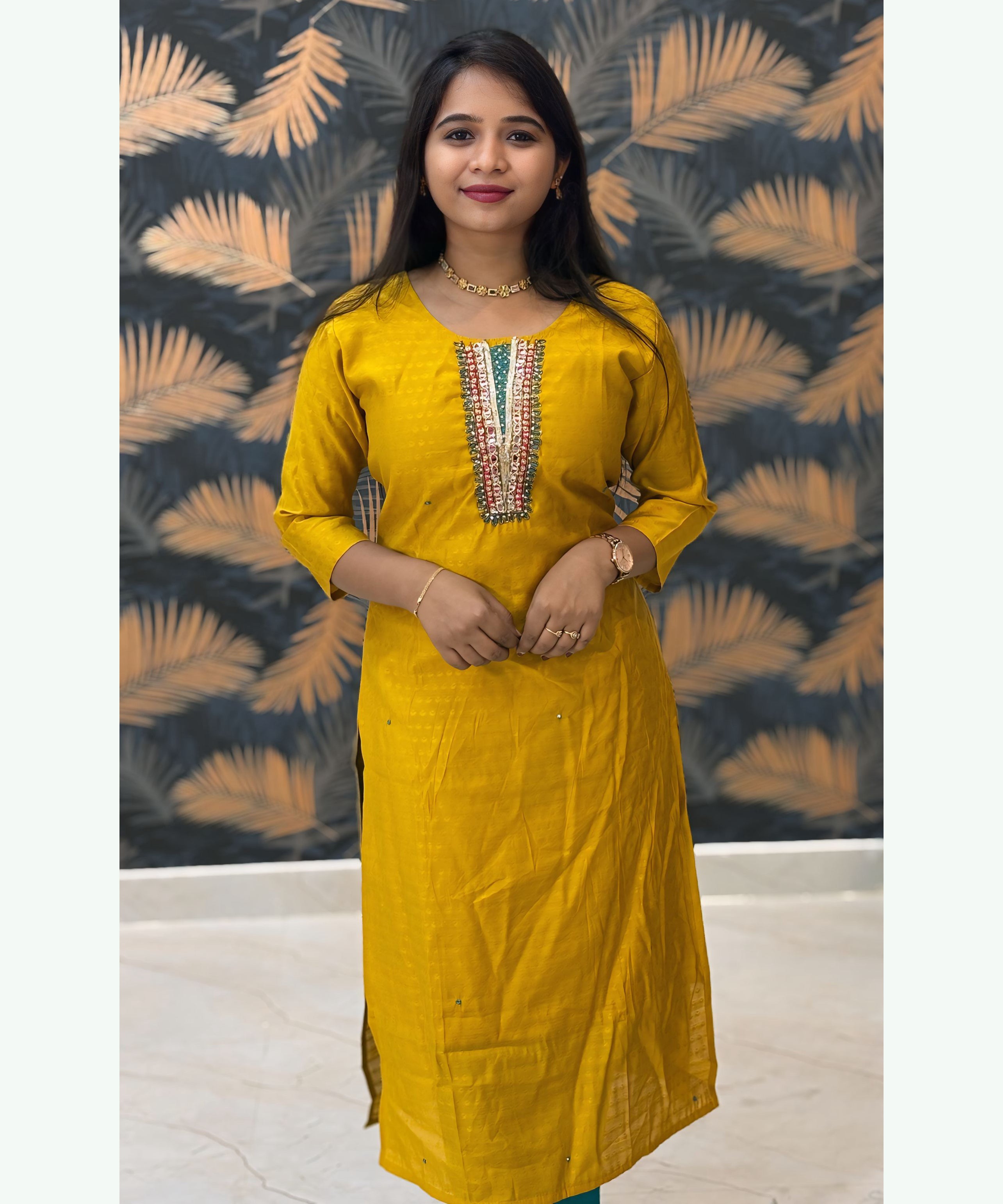 Yellow and Rama Green Premium Silk Cotton Handwork with Banarasi Dupatta 3 Piece Salwar Set / ESS283