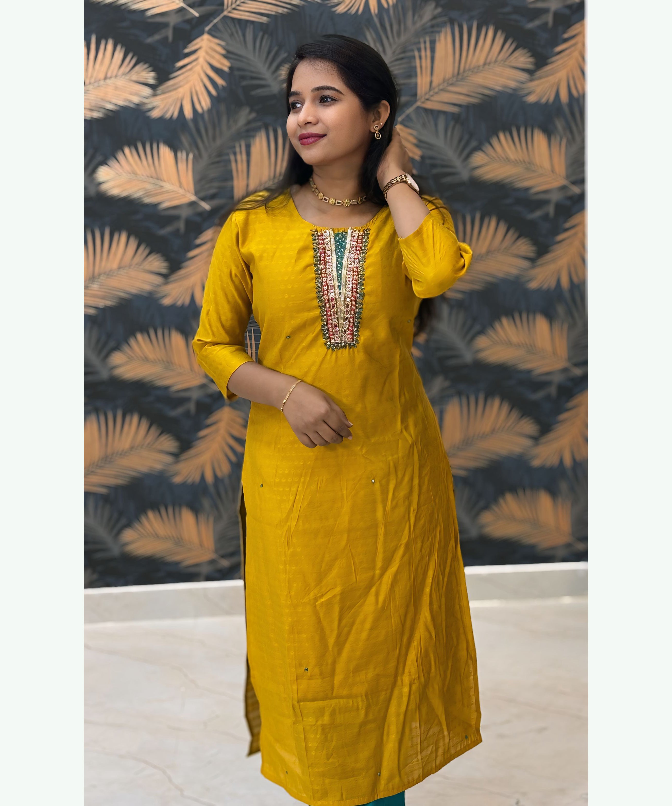 Yellow and Rama Green Premium Silk Cotton Handwork with Banarasi Dupatta 3 Piece Salwar Set / ESS283