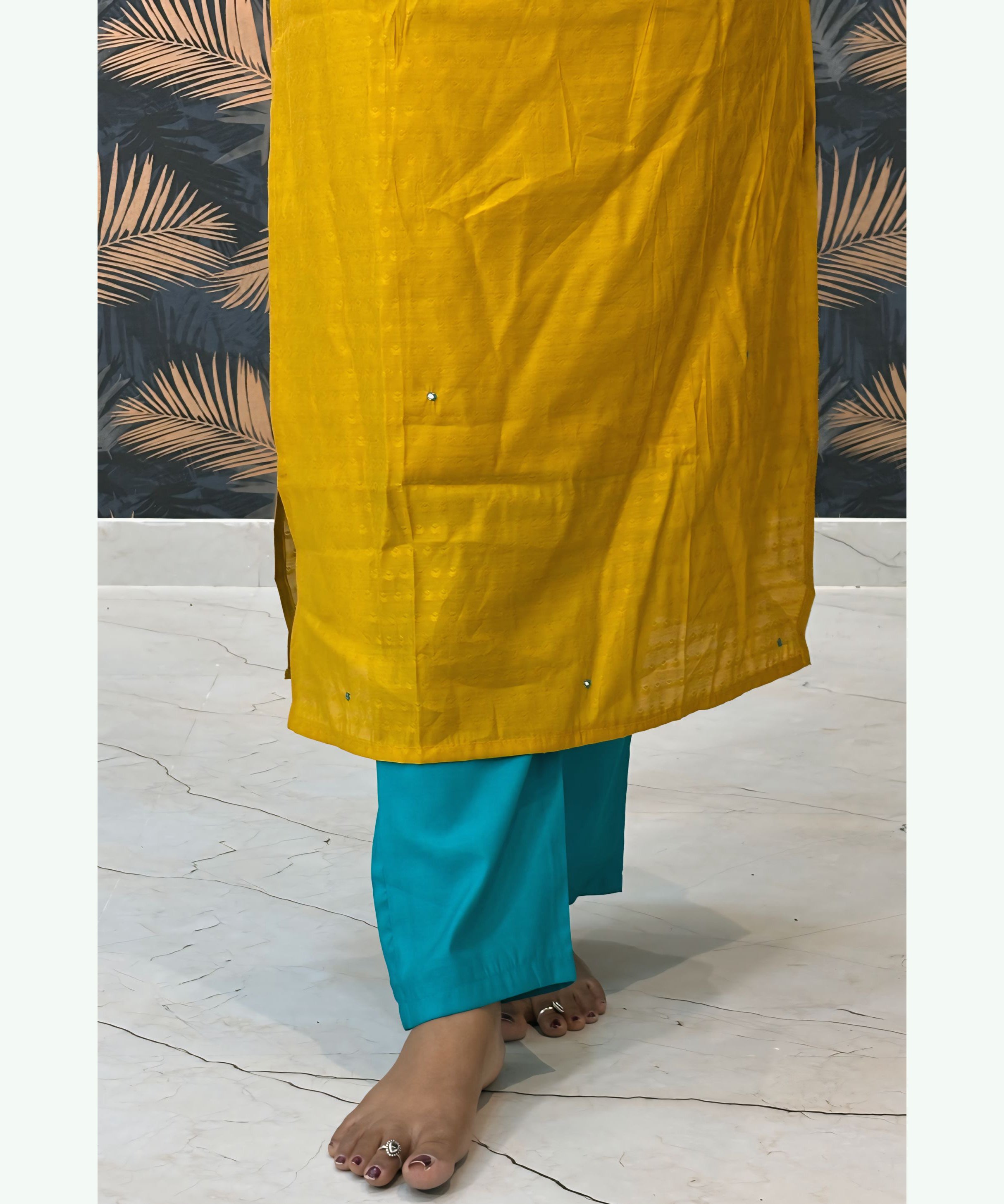 Yellow and Rama Green Premium Silk Cotton Handwork with Banarasi Dupatta 3 Piece Salwar Set / ESS283