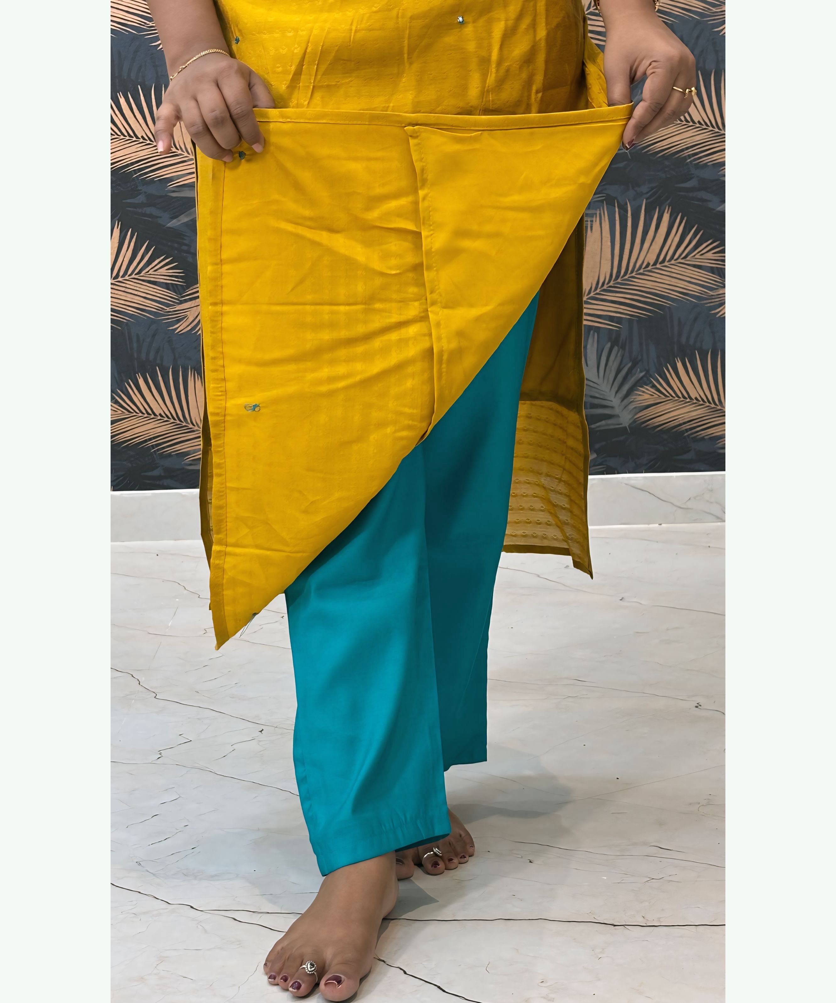 Yellow and Rama Green Premium Silk Cotton Handwork with Banarasi Dupatta 3 Piece Salwar Set / ESS283