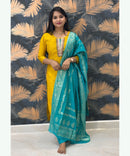 Yellow and Rama Green Premium Silk Cotton Handwork with Banarasi Dupatta 3 Piece Salwar Set / ESS283
