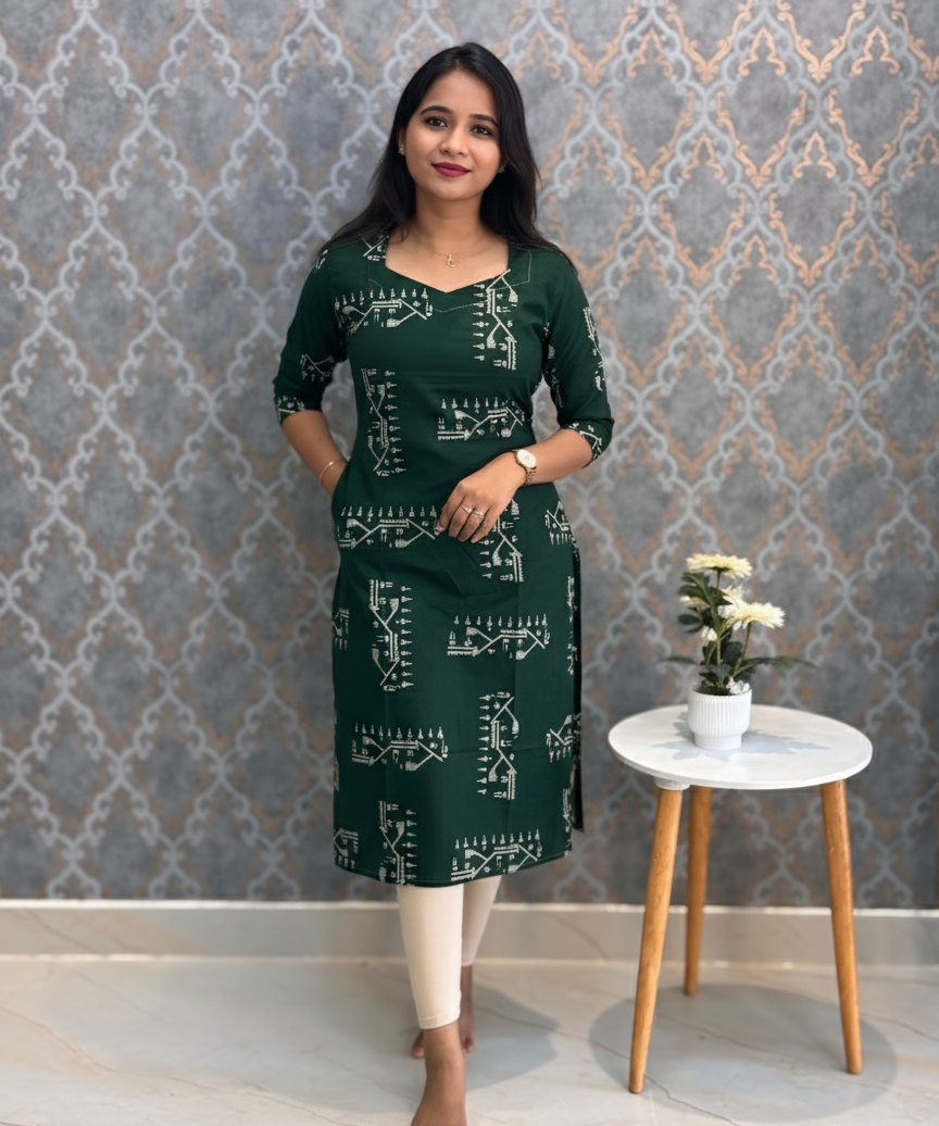 Bottle Green Color shaped V neck Flex Cotton Kurti with Pocket / LSS196