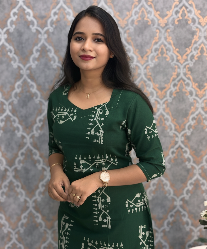 Bottle Green Color shaped V neck Flex Cotton Kurti with Pocket / LSS196